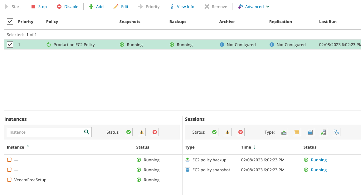 Veeam EC2 Policy Session Status