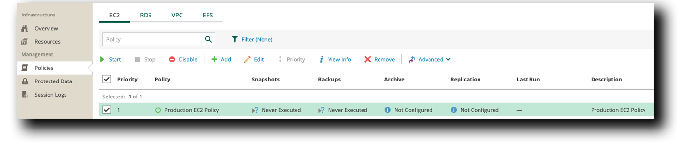 Veeam EC2 Policy Run