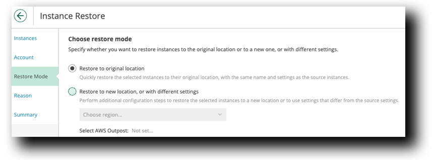 Veeam Restore Instance Restore Mode