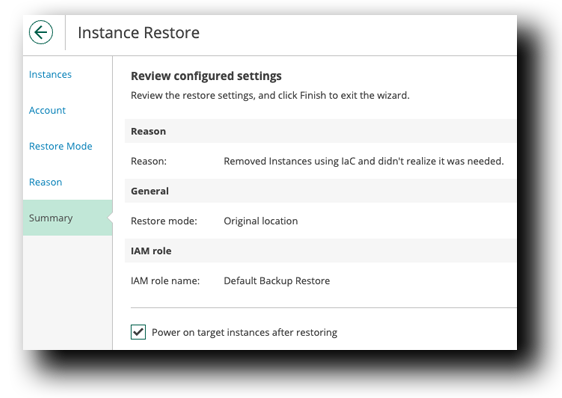 Veeam Restore Instance Restore Summary