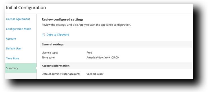 Veeam Initial Configuration Summary