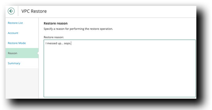 Veeam VPC Restore Reason