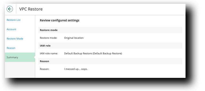 Veeam VPC Restore Summary